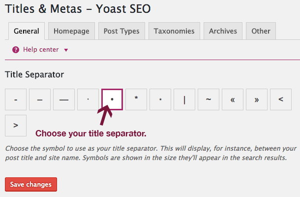Title separator in Yoast SEO Titles & Metas General tab.
