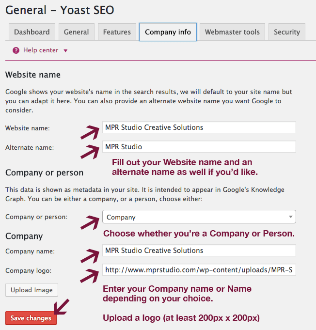 Company info tab in Yoast SEO plugin