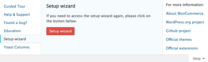 Setup Wizard under Help tab in WooCommerce