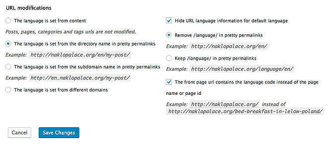 URL modifications in Polylang language settings