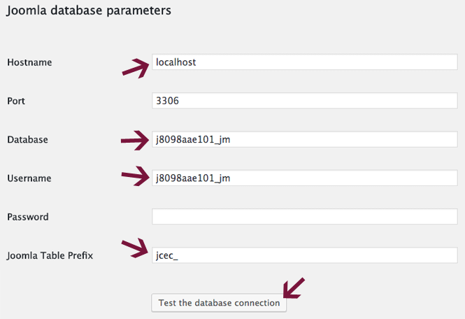 Enter Joomla database details