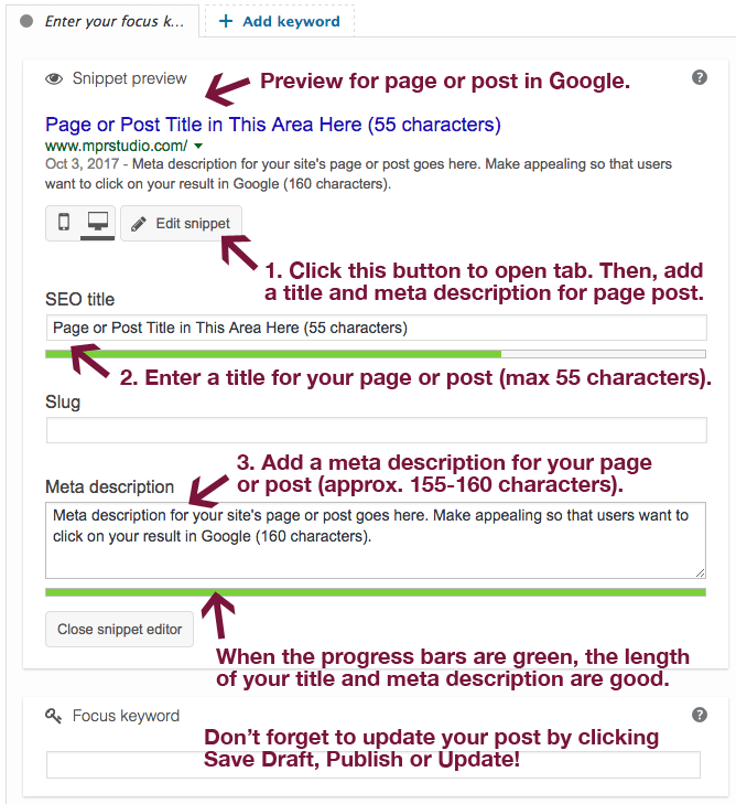 Optimizing pages and posts using Yoast SEO.