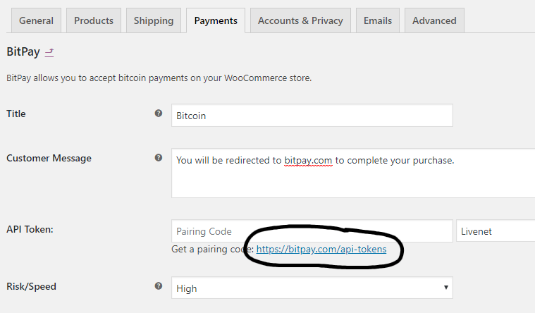 Generate API key for Bitpay settings in WooCommerce