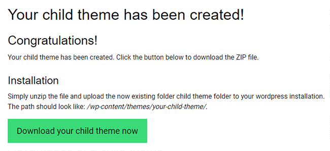 Download your child theme from the online child theme generator