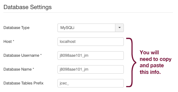 Database settings in Joomla dashboard