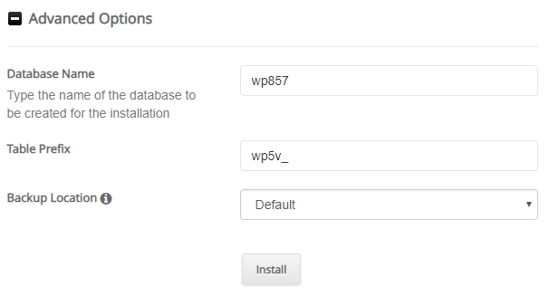 MySQL database options Softaculous WordPress installer