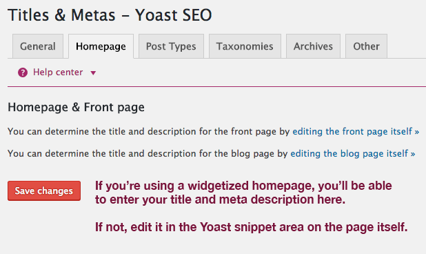 Homepage titles & metas area in Yoast.