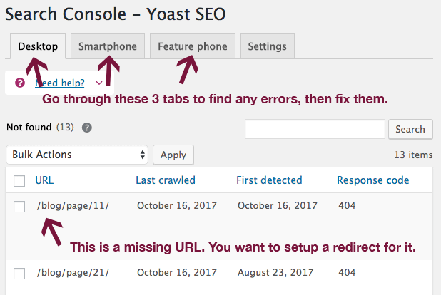 Search Console errors in Yoast SEO.