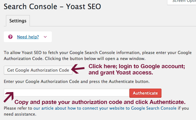 Authenticate Search Console account in Yoast.