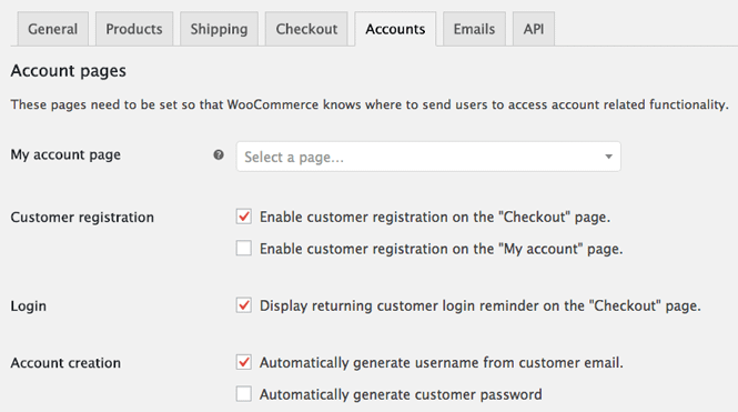 My account area in WooCommerce settings.