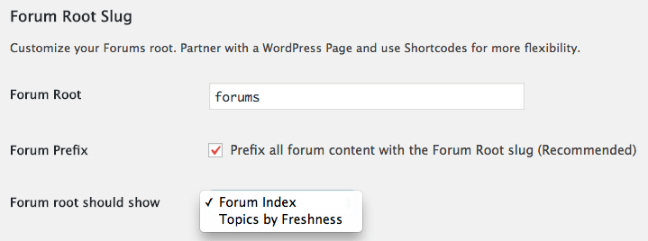 Forum root slug options in bbPress.