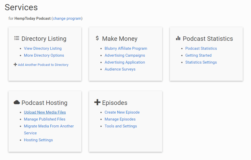 Podcast hosting section of Blubrry dashboard