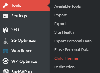 Tools > Child Themes in WordPress dashboard sidebar